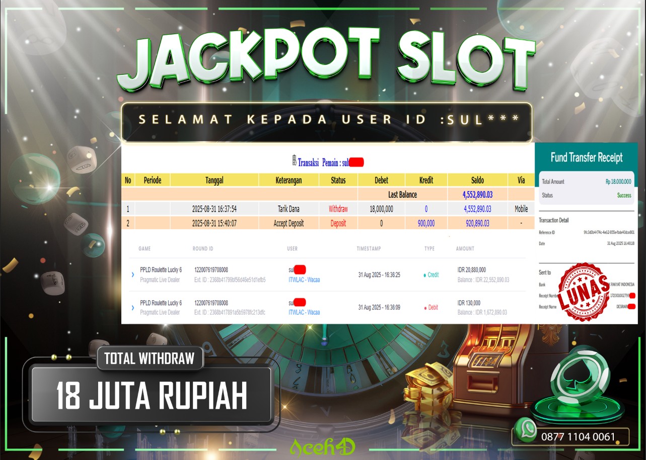 🔥🔥 JACKPOT HARI INI,MINGGU 31-08-2025 🔥🔥  JACKPOT PRAGMATIC LIVECASINO DARI MEMBER SETIA ACEH4D 💸💸
