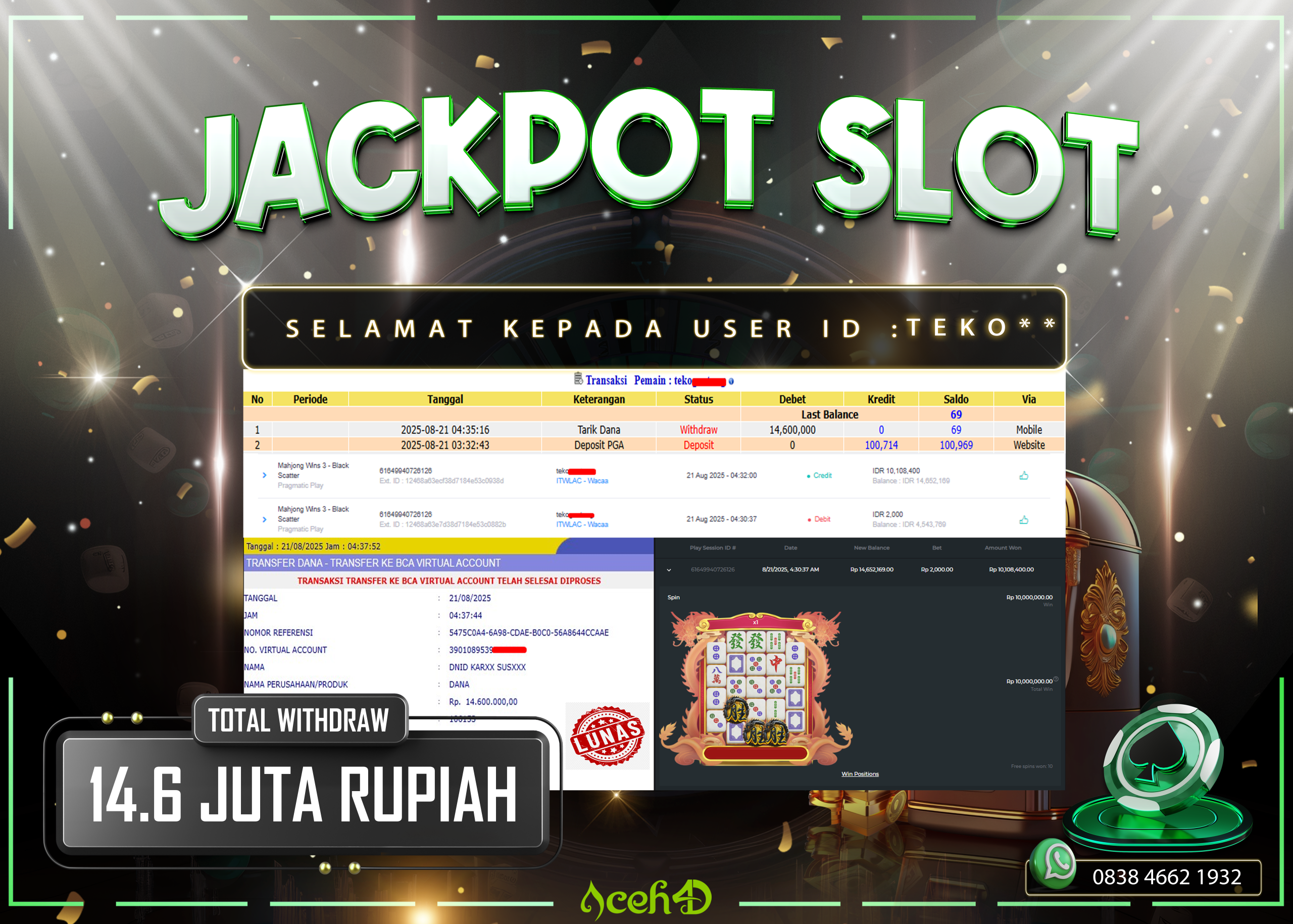 🔥🔥  JACKPOT HARI INI,KAMIS 21-08-2025 🔥🔥JACKPOT SLOT DARI MEMBER SETIA ACEH4D💸💸