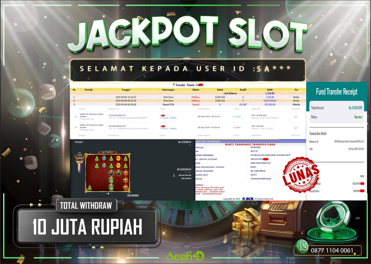 🔥🔥 JACKPOT HARI INI, SABTU 06-09-2025 🔥🔥  JACKPOT SLOT DARI MEMBER SETIA ACEH4D 💸💸