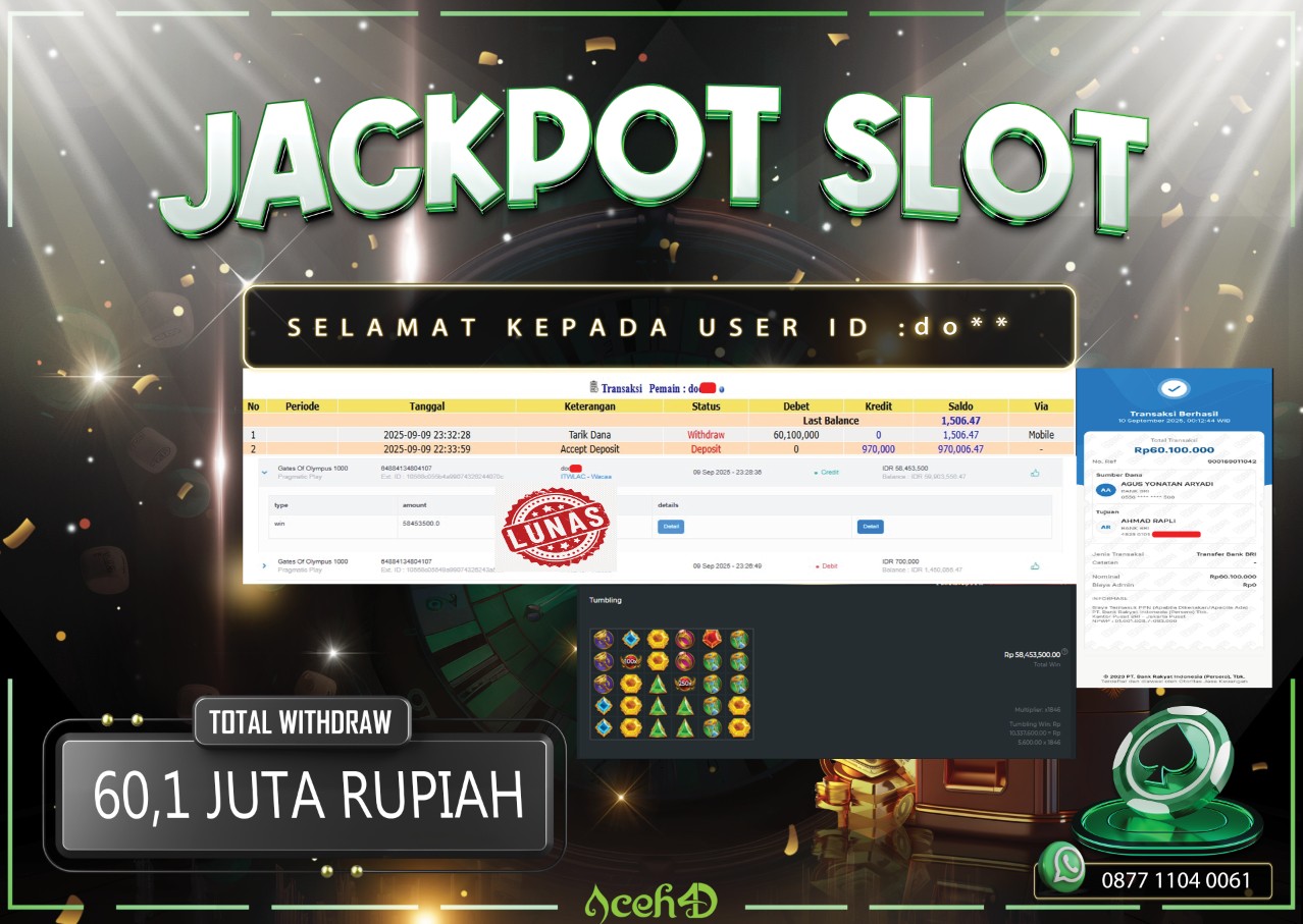 🔥🔥 JACKPOT HARI INI, SELASA 09-09-2025 🔥🔥  JACKPOT SLOT DARI MEMBER SETIA ACEH4D 💸💸