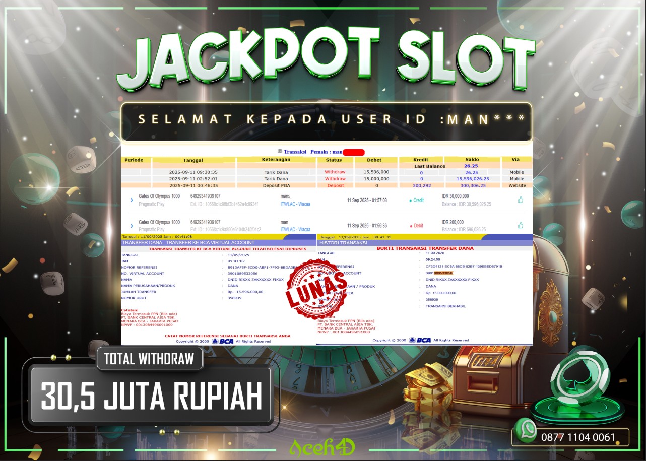 🔥🔥 JACKPOT HARI INI, KAMIS 11-09-2025 🔥🔥  JACKPOT SLOT DARI MEMBER SETIA ACEH4D 💸💸