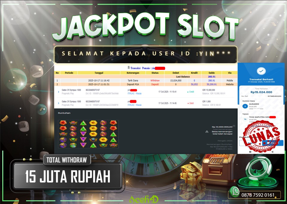 🔥🔥 JACKPOT HARI INI, JUMAT 17-10-2025 🔥🔥  JACKPOT SLOT DARI MEMBER SETIA ACEH4D 💸💸