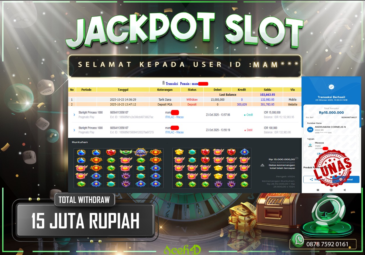 🔥🔥 JACKPOT HARI INI, KAMIS 23-10-2025 🔥🔥  JACKPOT SLOT DARI MEMBER SETIA ACEH4D 💸💸