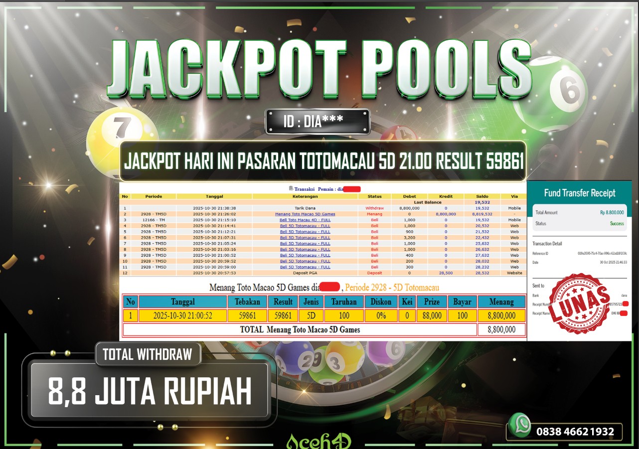 🔥🔥 JACKPOT HARI INI, KAMIS 30-10-2025 🔥🔥  JACKPOT TOGEL PASARAN TOTOMACAU 5D DARI MEMBER SETIA ACEH4D 💸💸
