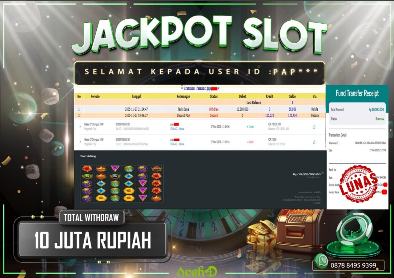 🔥🔥 JACKPOT HARI INI,KAMIS 27-11-2025 🔥🔥  JACKPOT SLOT DARI MEMBER SETIA ACEH4D 💸💸