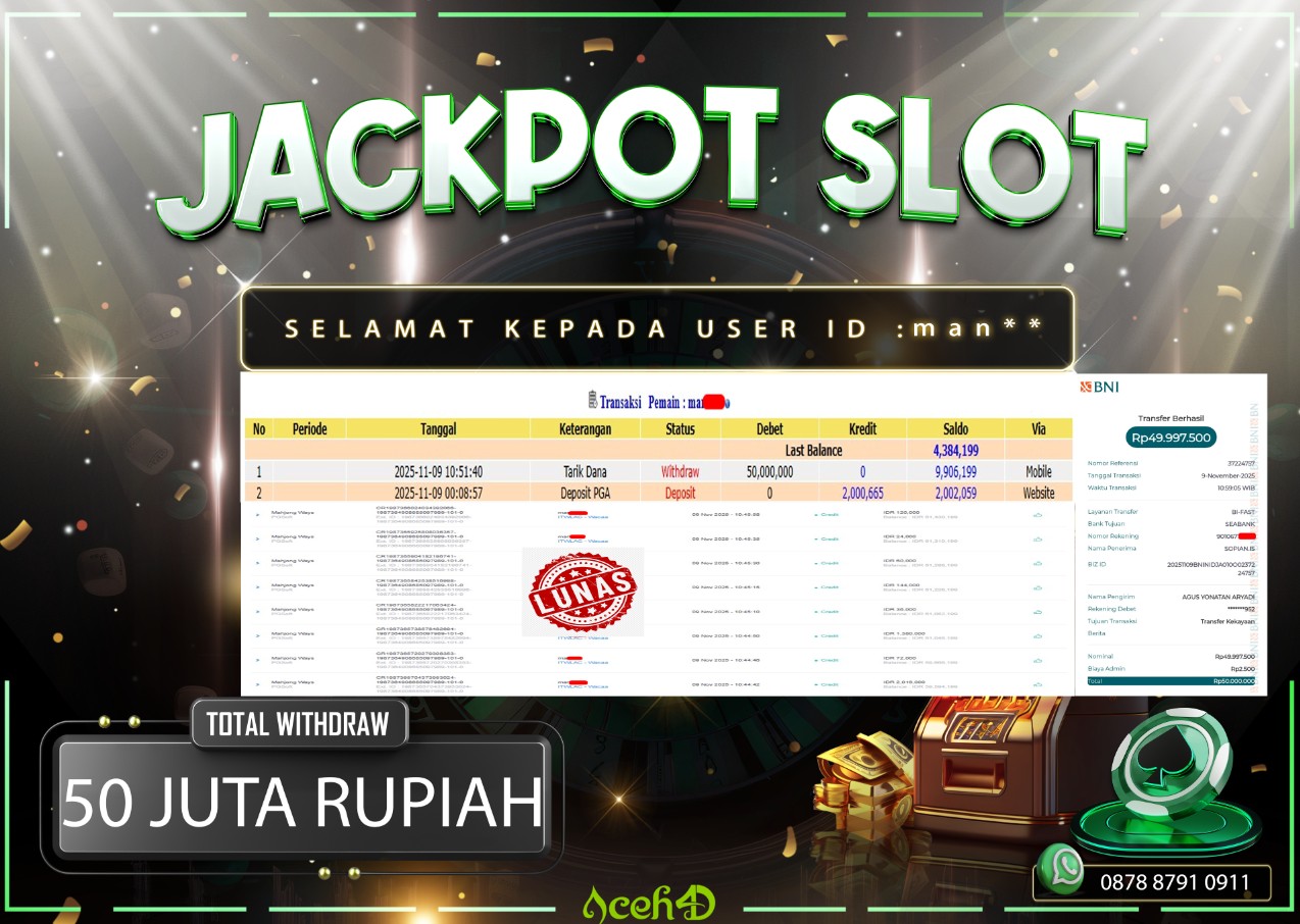 🔥🔥 JACKPOT HARI INI, MINGGU 09-11-2025 🔥🔥JACKPOT SLOT DARI MEMBER SETIA ACEH4D💸💸