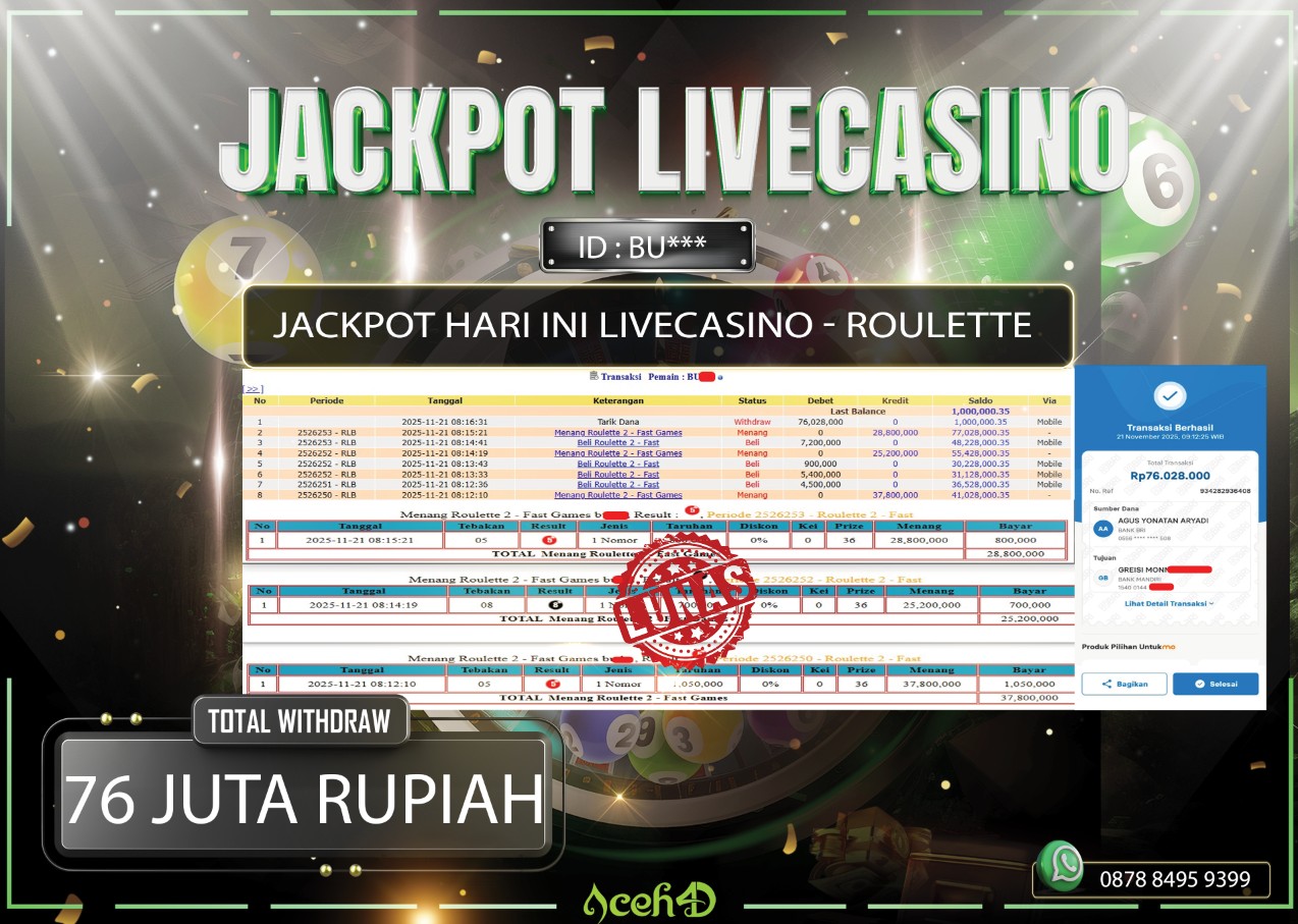 🔥🔥 JACKPOT HARI INI,JUMAT 21-11-2025 🔥🔥JACKPOT LIVECASINO DARI MEMBER SETIA ACEH4D 💸💸
