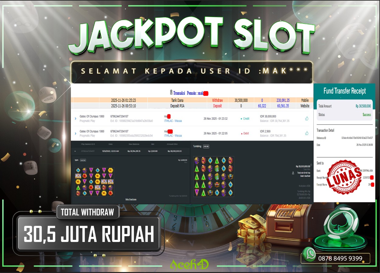 🔥🔥 JACKPOT HARI INI,RABU 26-11-2025 🔥🔥  JACKPOT SLOT DARI MEMBER SETIA ACEH4D 💸💸