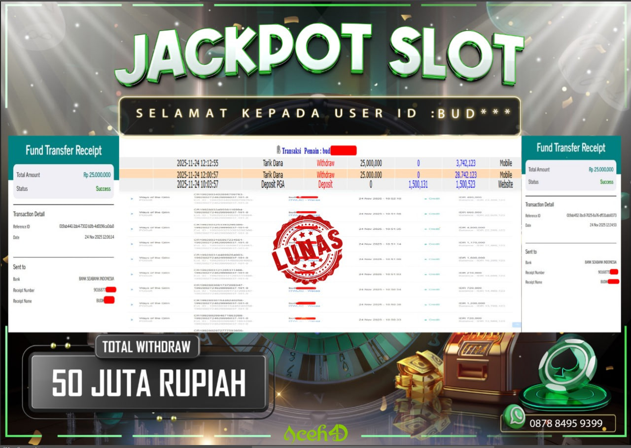 🔥🔥 JACKPOT HARI INI,SENIN 24-11-2025 🔥🔥  JACKPOT SLOT DARI MEMBER SETIA ACEH4D 💸💸