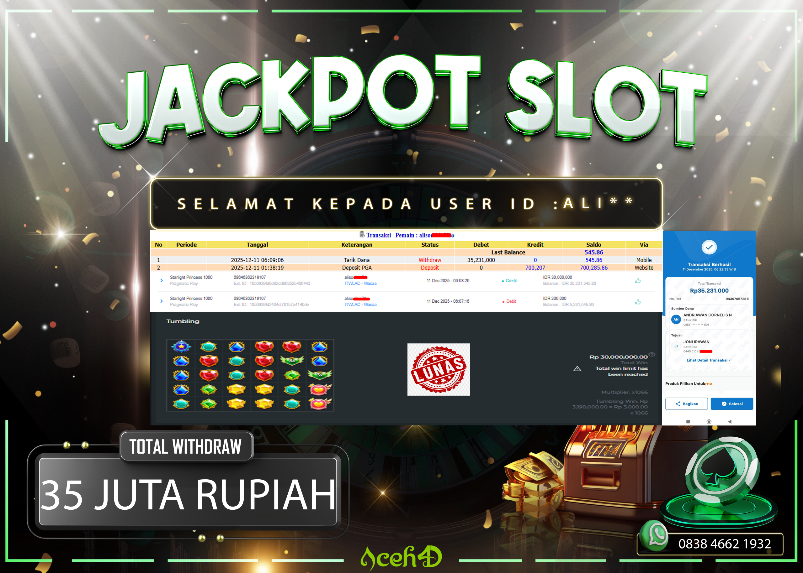 🔥🔥 JACKPOT HARI INI,SENIN 11-12-2025 🔥🔥  JACKPOT SLOT DARI MEMBER SETIA ACEH4D 💸💸