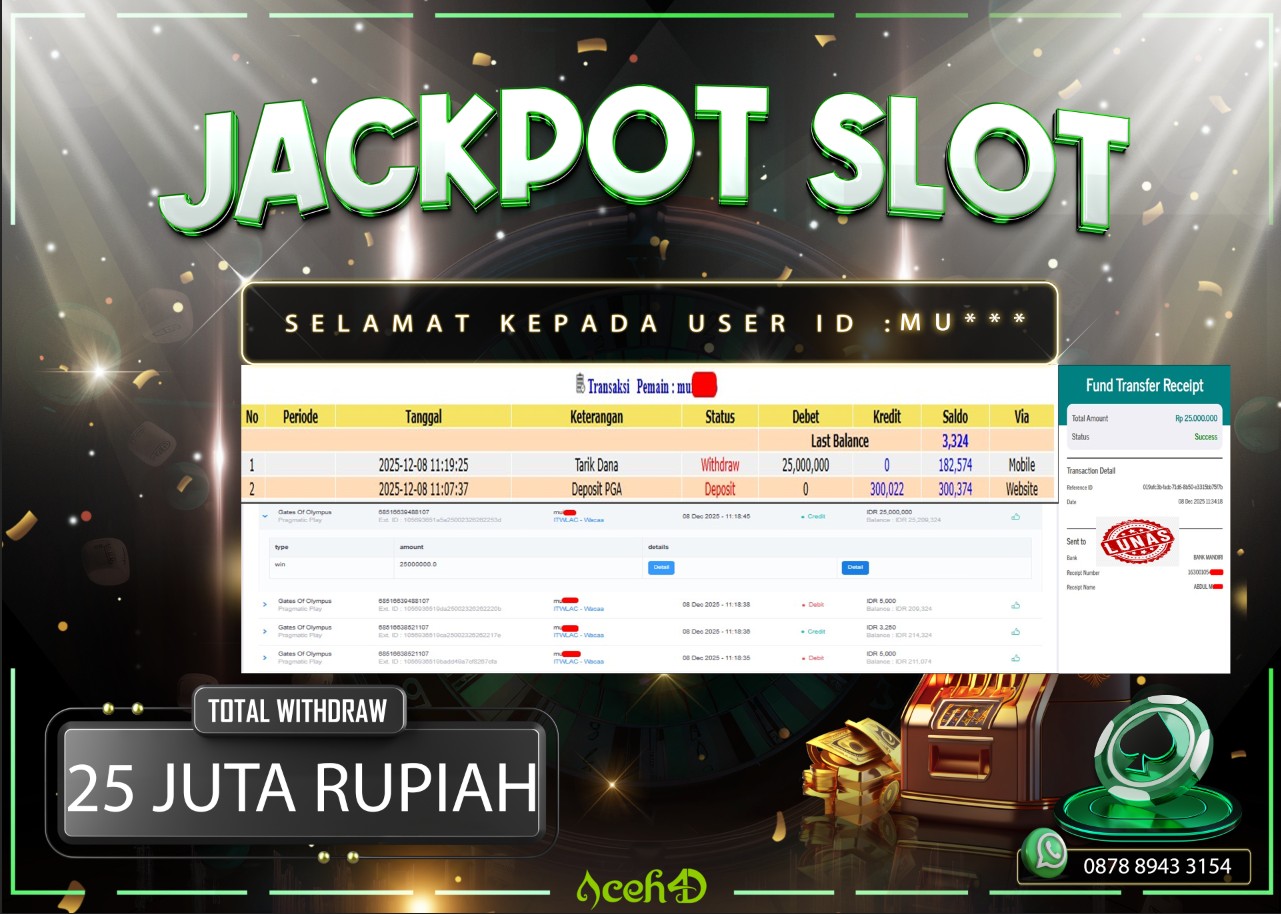 🔥🔥 JACKPOT HARI INI,SENIN 08-12-2025 🔥🔥JACKPOT SLOT DARI MEMBER SETIA ACEH4D 💸💸