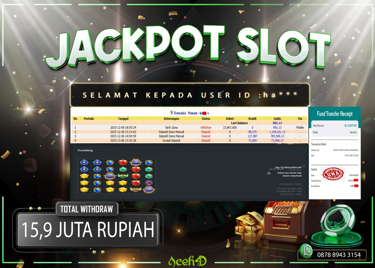 🔥🔥 JACKPOT HARI INI,SENIN 06-12-2025 🔥🔥JACKPOT SLOT DARI MEMBER SETIA ACEH4D 💸💸