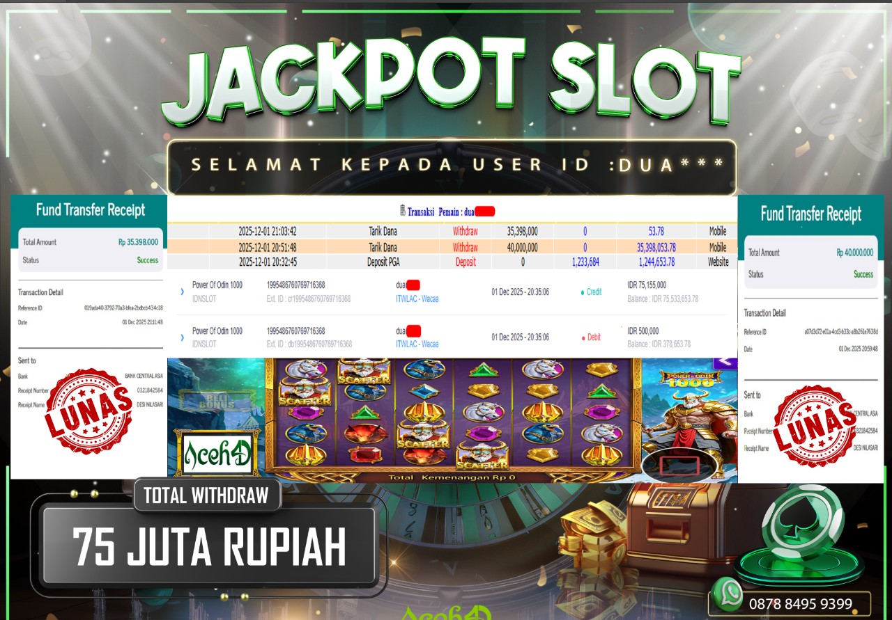 🔥🔥 JACKPOT HARI INI,SENIN 01-12-2025 🔥🔥  JACKPOT SLOT DARI MEMBER SETIA ACEH4D 💸💸