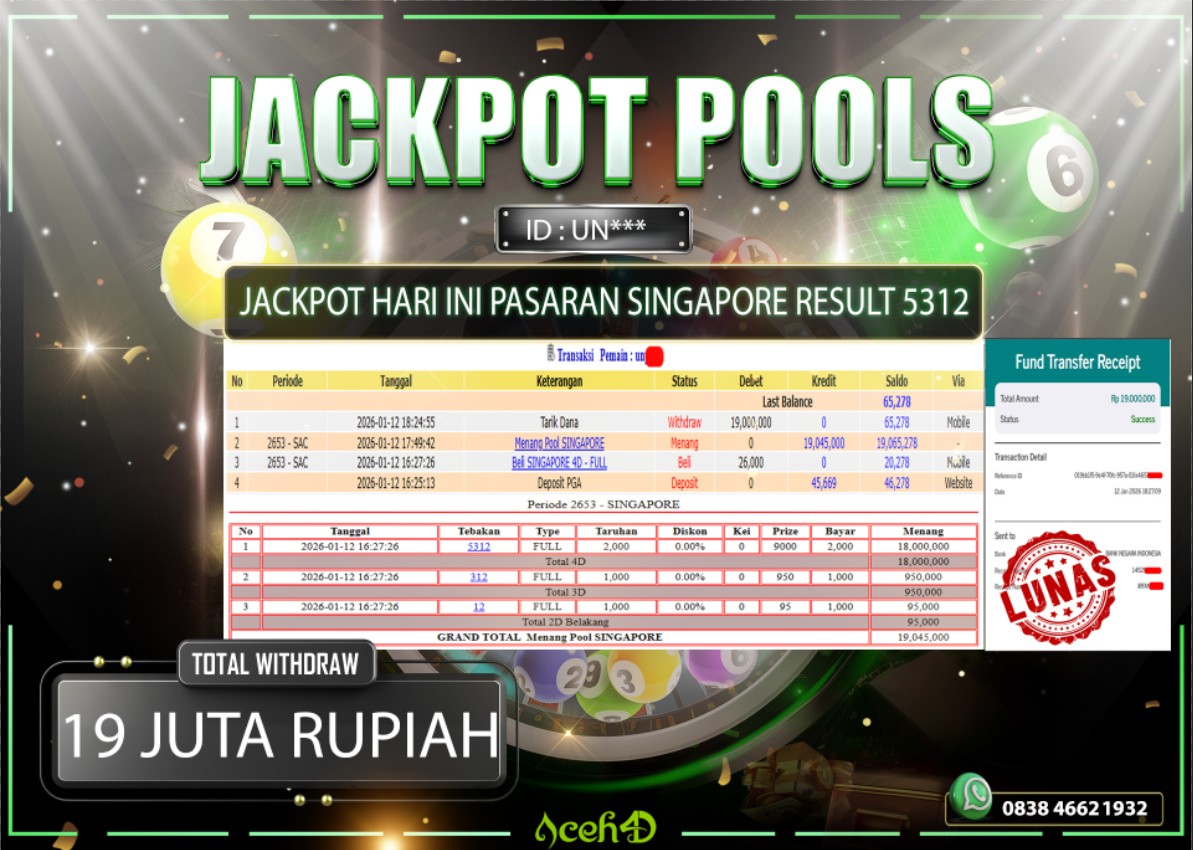 🔥🔥 JACKPOT HARI INI, SENIN 12-01-2026 🔥🔥  JACKPOT TOGEL PASARAN SINGAPORE DARI MEMBER SETIA ACEH4D 💸💸