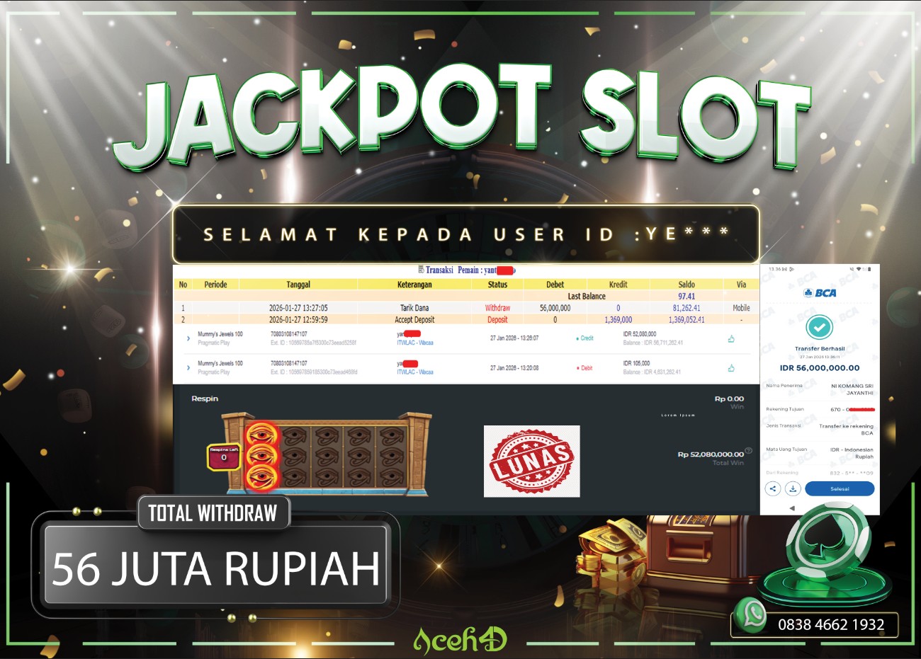 🔥🔥 JACKPOT HARI INI,SENIN 27-01-2026 🔥🔥  JACKPOT SLOT DARI MEMBER SETIA ACEH4D 💸💸