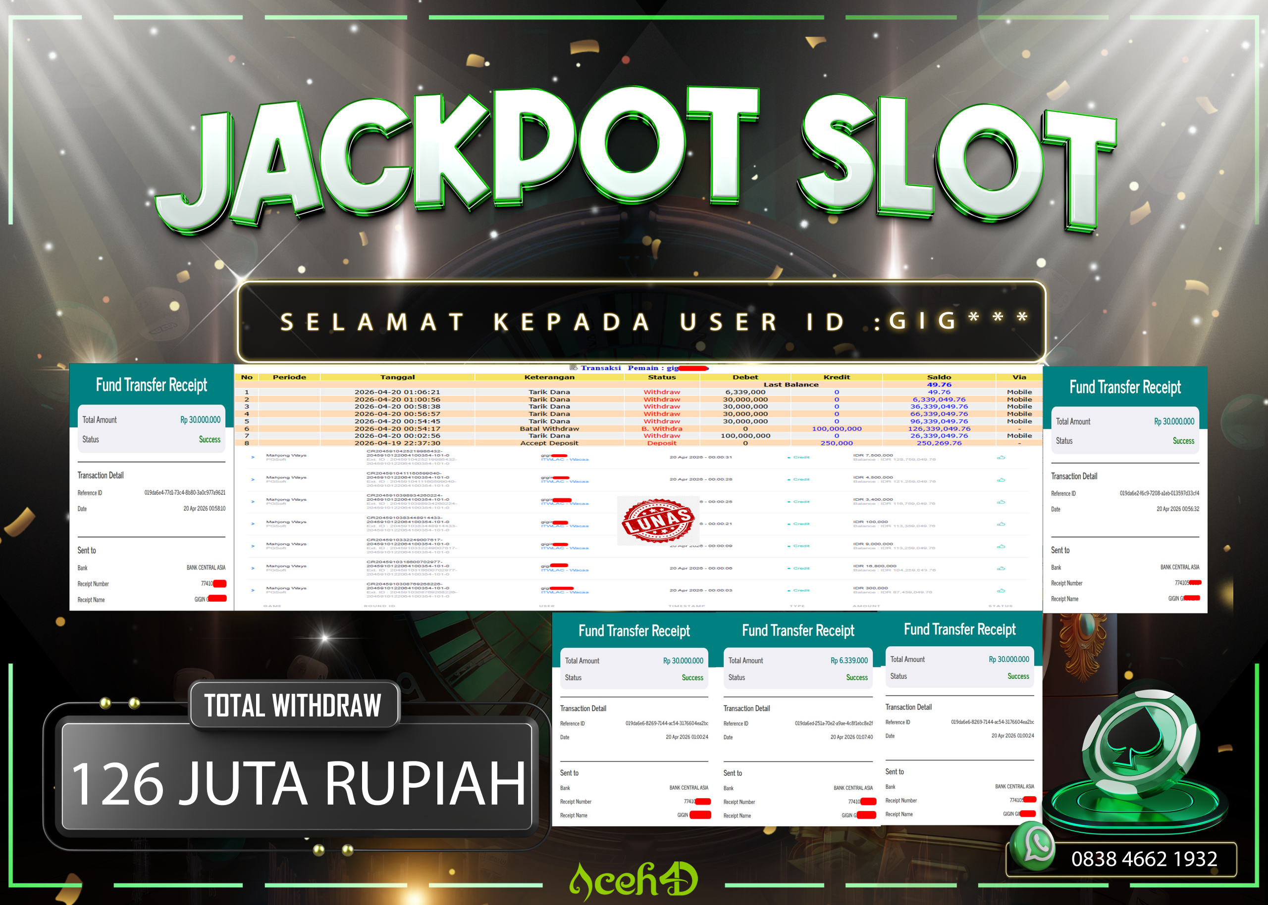 🔥🔥 JACKPOT HARI INI, MINGGU 19-04-2026 🔥🔥💸💸JACKPOT SLOT DARI MEMBER SETIA ACEH4D 💸💸
