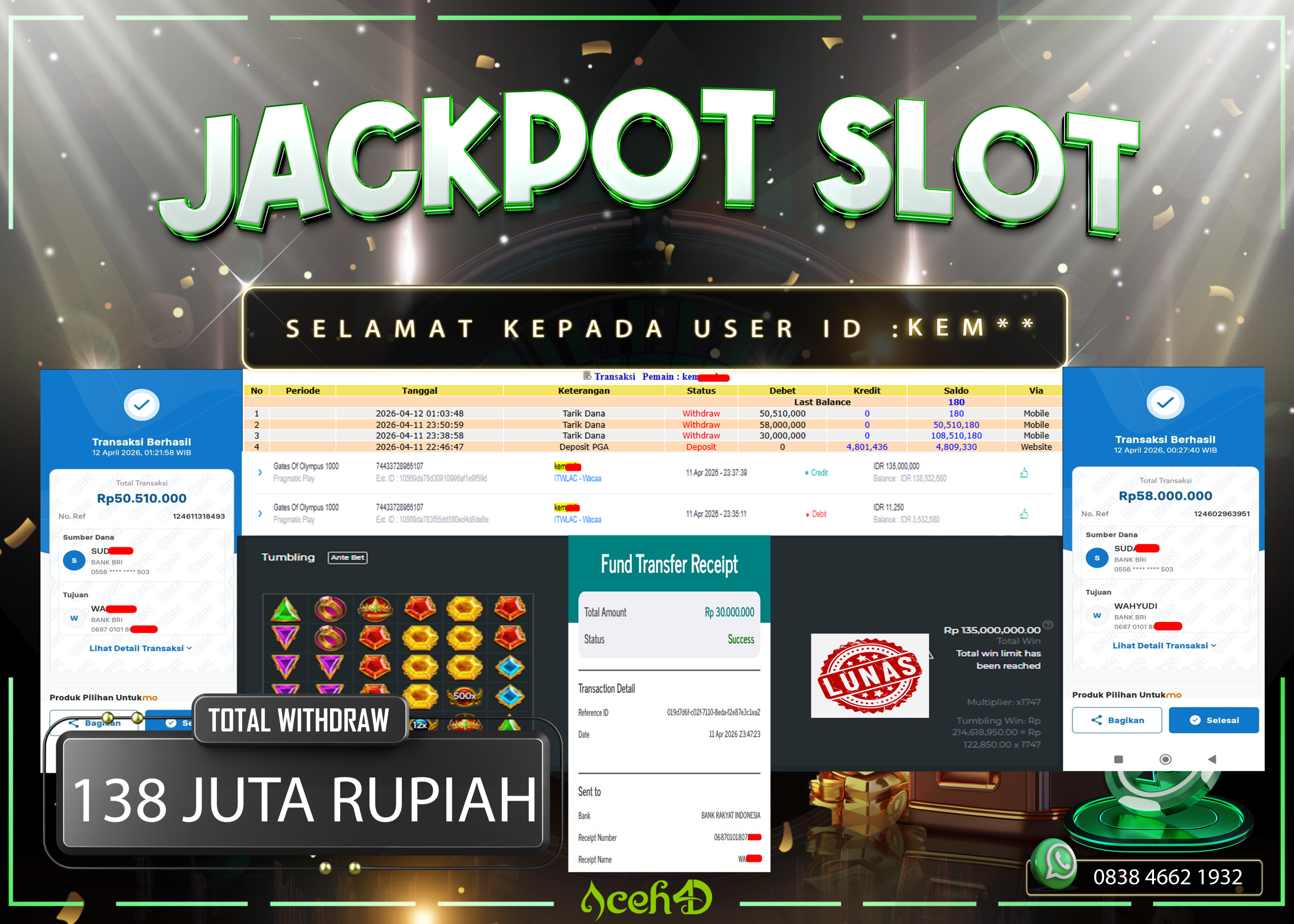JACKPOT SLOT DARI MEMBER SETIA ACEH4D 💸💸🔥🔥 JACKPOT HARI INI, SABTU 11-04-2026 🔥🔥