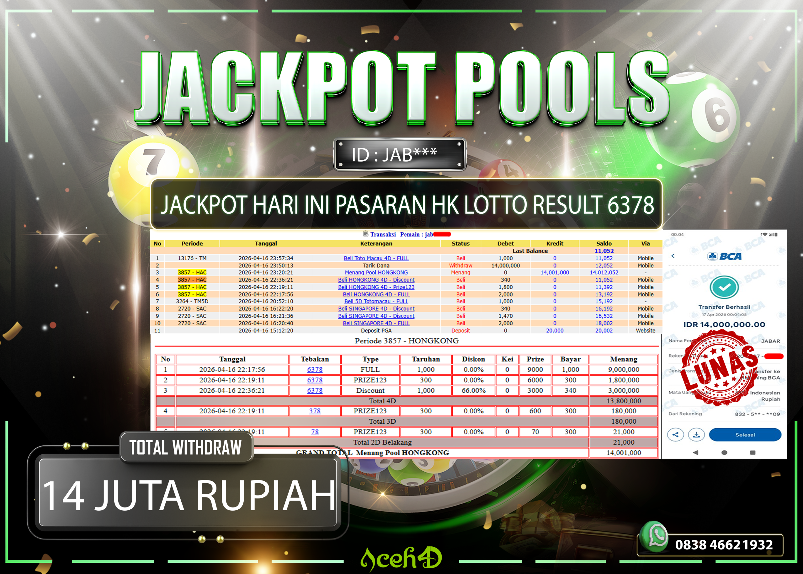 🔥🔥 JACKPOT HARI INI, SELASA 16-04-2026 🔥🔥💸💸JACKPOT TOGEL PASARAN SYDNEY HONGKONG LOTTO DARI MEMBER SETIA ACEH4D 💸💸