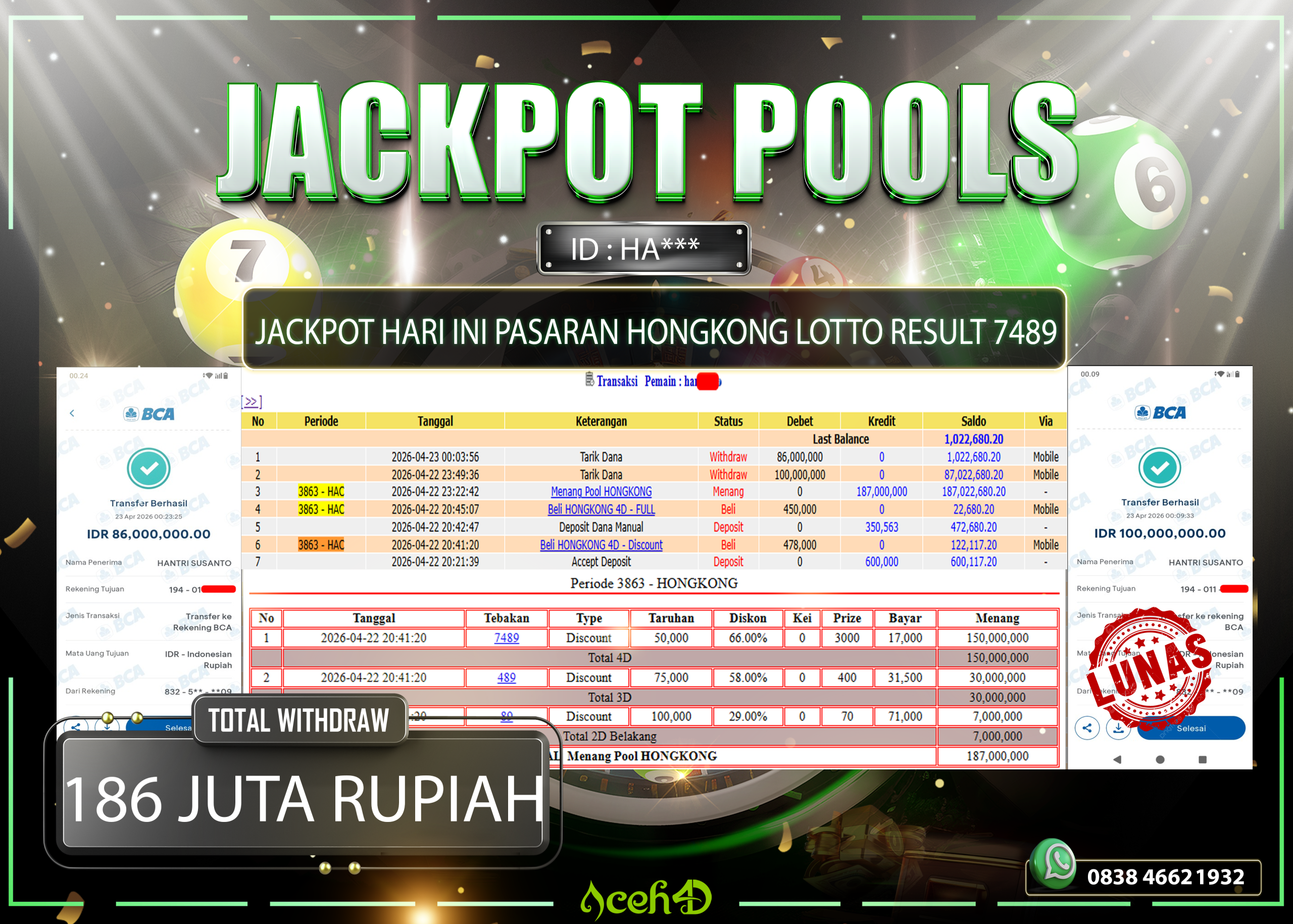 🔥🔥 JACKPOT HARI INI, RABU 22-04-2026 🔥🔥💸💸JACKPOT TOGEL PASARAN HONGKONG LOTTO DARI MEMBER SETIA ACEH4D 💸💸