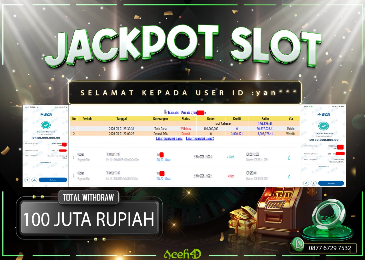 🔥🔥 JACKPOT HARI INI, KAMIS 21-05-2026 🔥🔥💸💸JACKPOT SLOT DARI MEMBER SETIA ACEH4D 💸💸