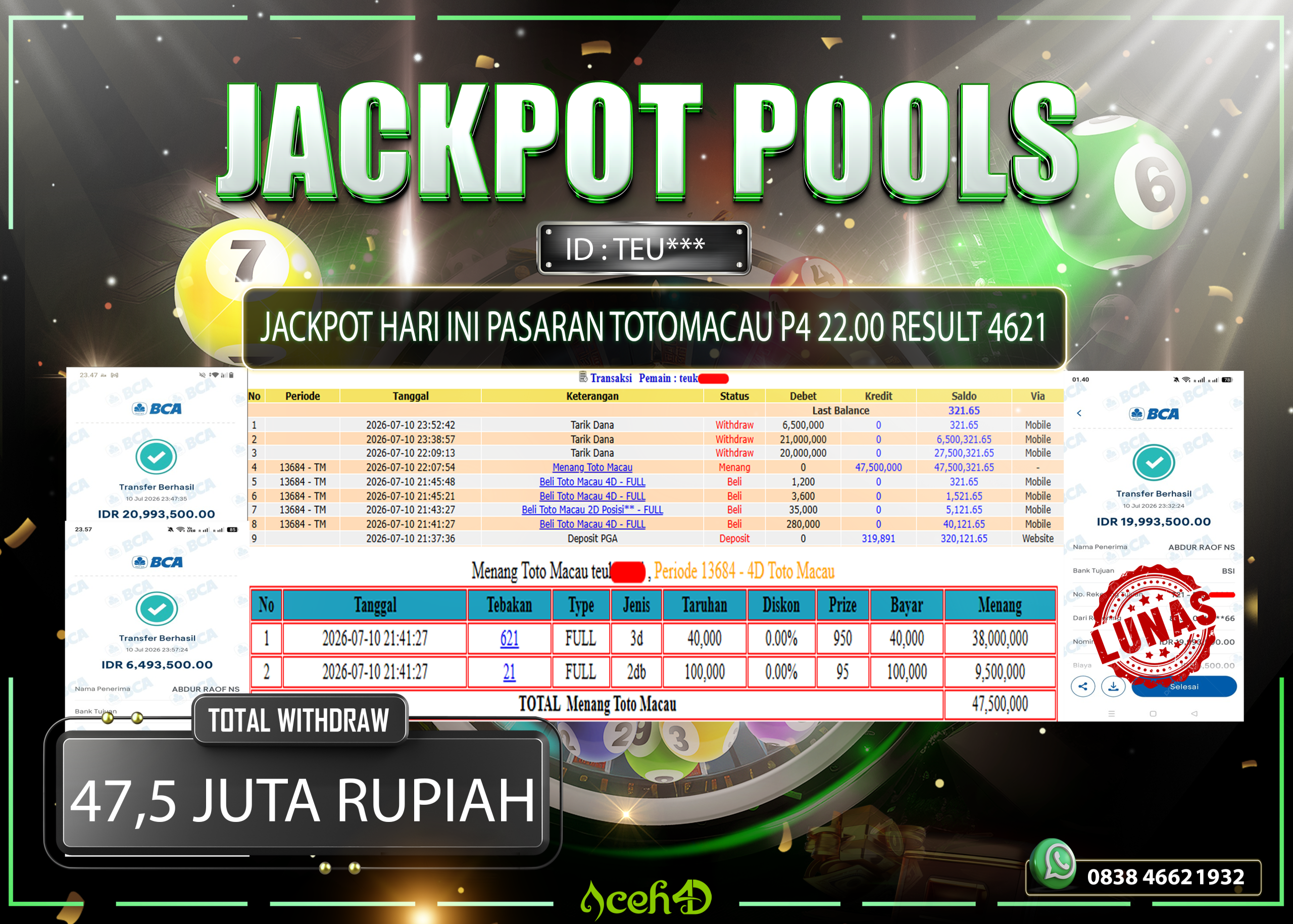 🔥🔥 JACKPOT HARI INI, JUMAT 10-07-2026 🔥🔥JACKPOT TOGEL DARI MEMBER SETIA ACEH4D