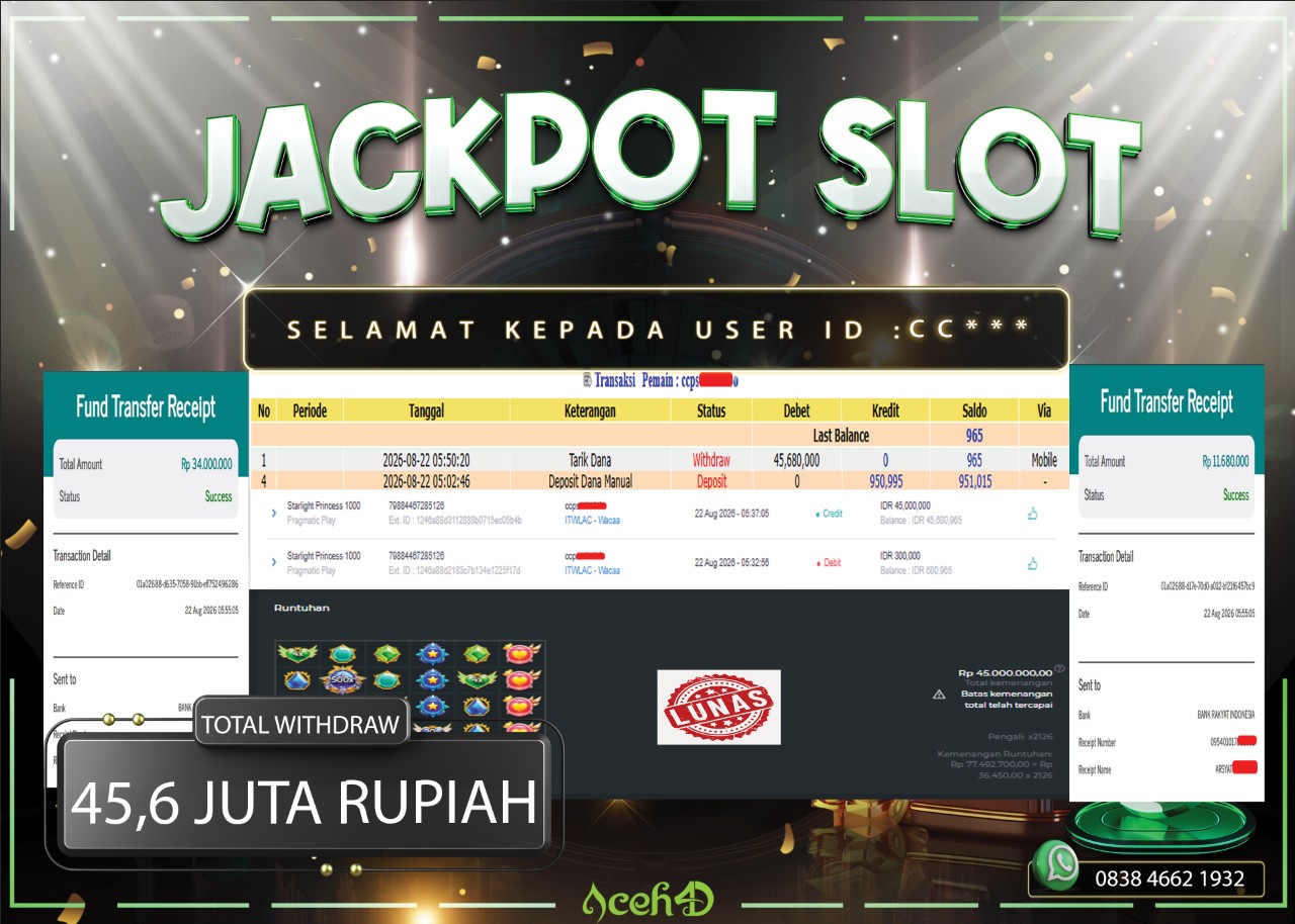 🔥🔥 JACKPOT HARI INI, SABTU 22-08-2026 🔥🔥💸💸JACKPOT SLOT DARI MEMBER SETIA ACEH4D 💸💸